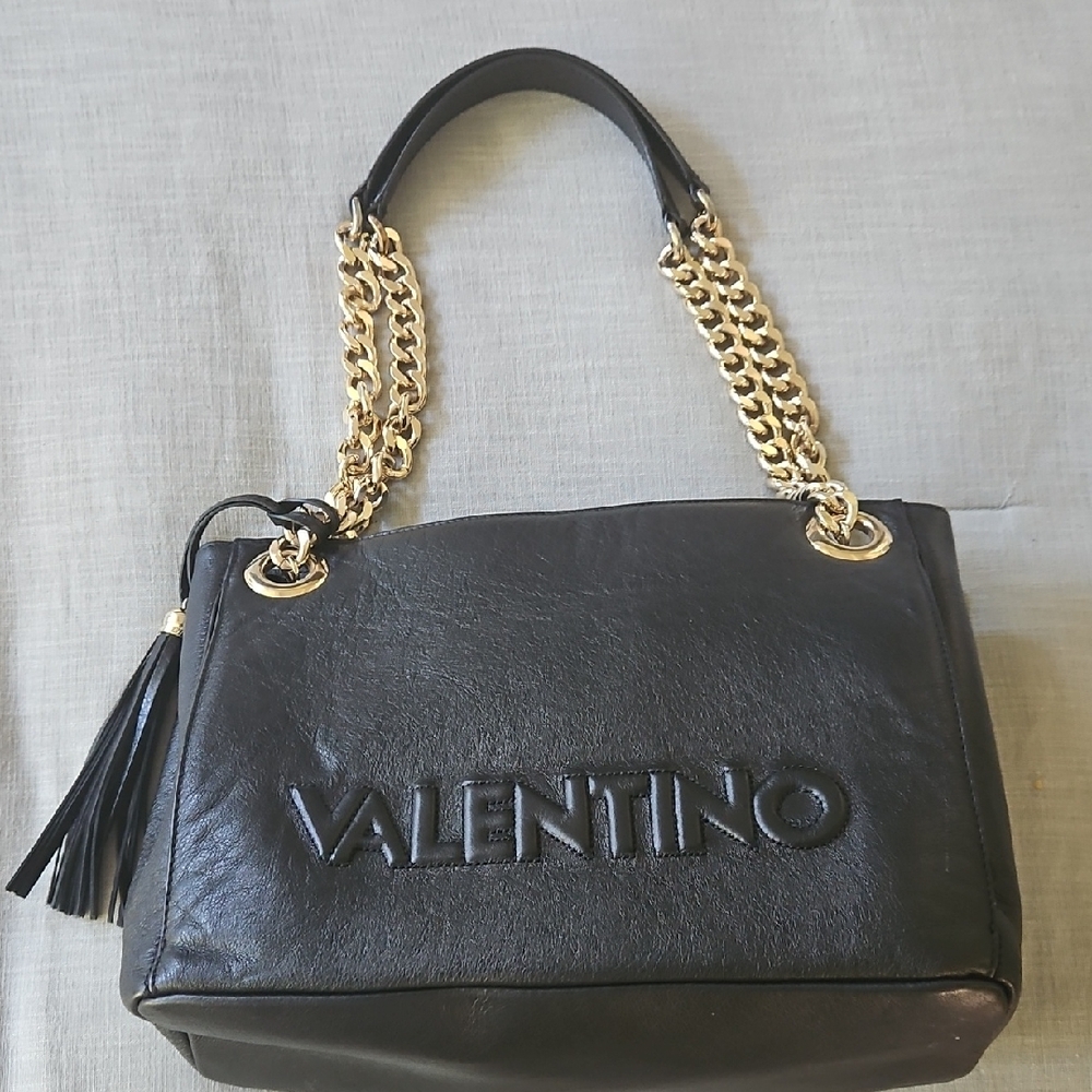 Valentino Black Leather Shoulder Bag with Gold Chain
